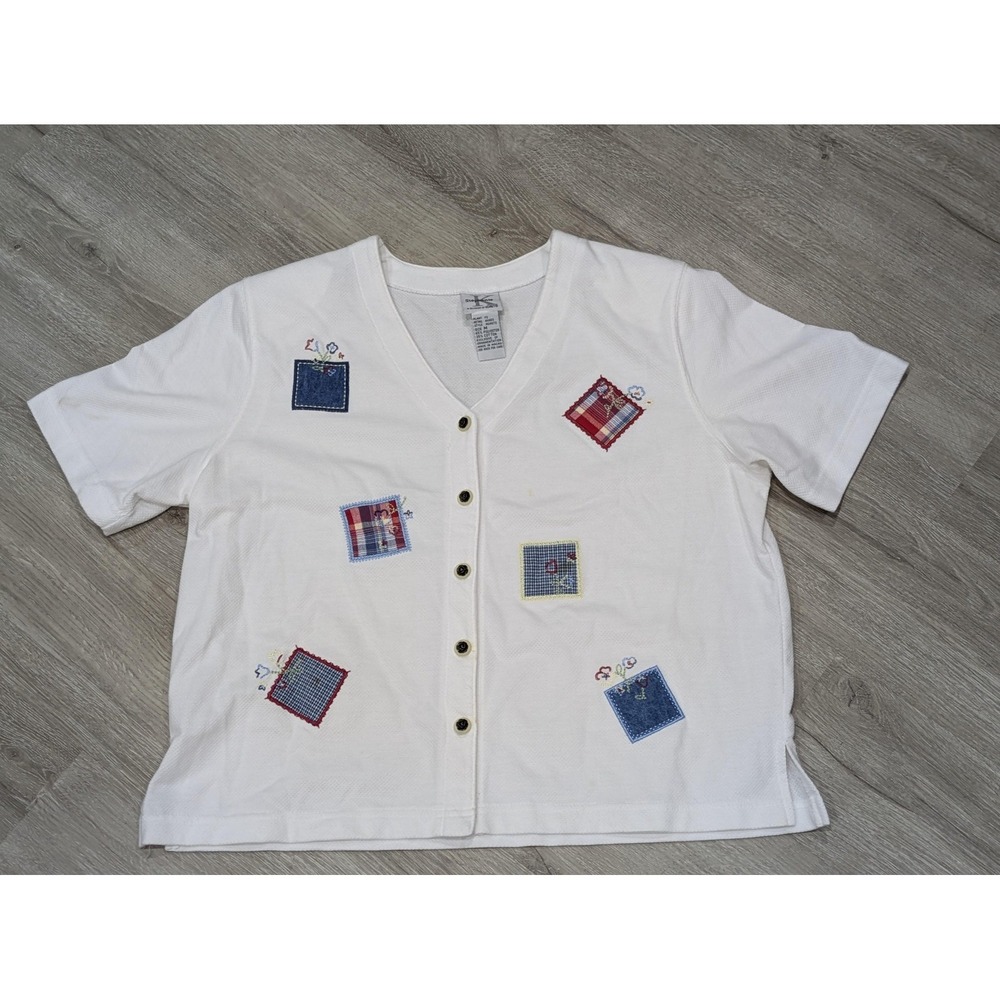 VTG Stephanie K Shirt Womens Medium White Patchwork Button Front Embroidered 90s